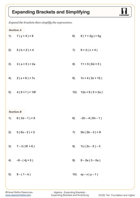 Expanding Brackets and Simplifying Worksheet | Cazoom Maths Worksheets