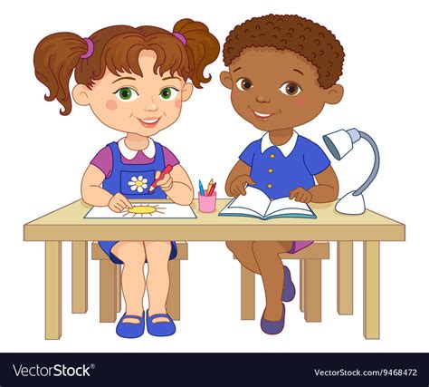 Funny pupils sit on desks read draw clay cartoon Vector Image