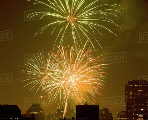 USA, New York State, New York City, Skyline with fireworks display ...