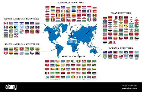 World flags and world map.Map of world and flags of the countries by continent.World flag ...