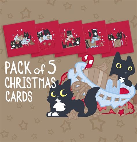 5 Black Cat Christmas Cards Set of Red Festive Holiday Cards - Etsy