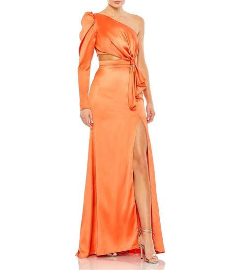Mac Duggal Satin Asymmetrical One Shoulder Long Puff Sleeve Cut Out Thigh High Slit Gown | Dillard's