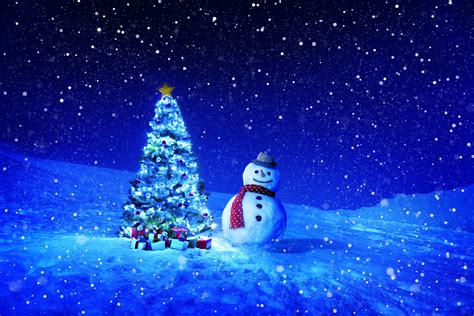 Christmas tree backdrop, snowman, blue night light, winter snow - FilterGrade