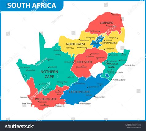 El mapa detallado de Sudáfrica con: vector de stock (libre de regalías) 1080755378 | Shutterstock