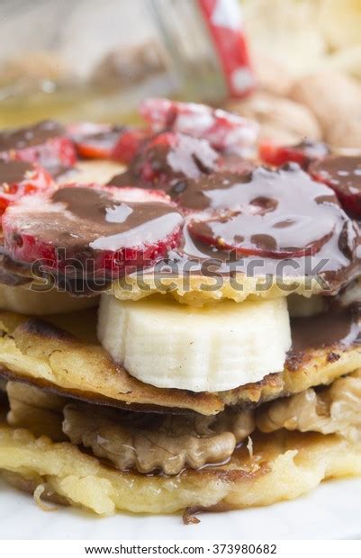 Delicious Pancakes Nuts Banana Strawberry Chocolate Stock Photo (Edit Now) 373980682