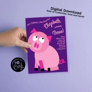 Pink Pig Birthday Party Invitation Editable Digital Download Cute Kids ...