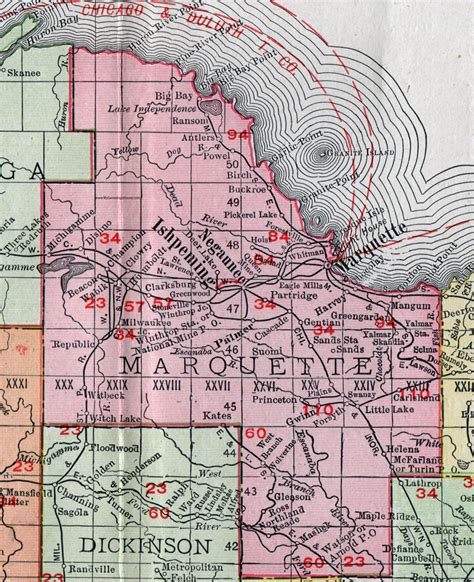 Marquette County, Michigan, 1911, Map, Rand McNally, Ishpeming ...