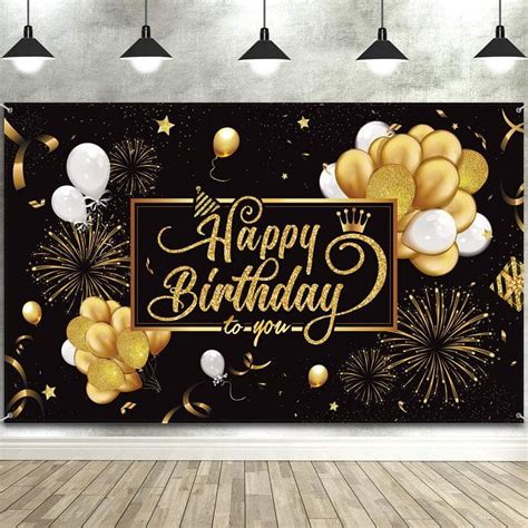 Birthday Banner Backdrop Decoration Large Black Gold Party Sign Poster Photo Booth for Men Women ...