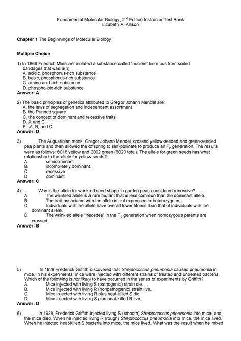 Chapter 1: Fundamental Molecular Biology Test Bank - Fundamental Molecular Biology, 2nd Edition ...