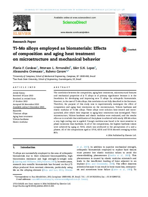 (PDF) Ti–Mo alloys employed as biomaterials: Effects of composition and aging heat treatment on ...