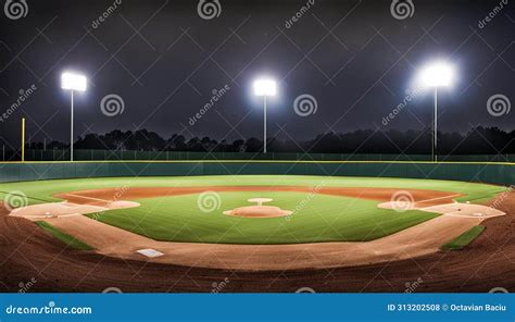 Panorama of Empty Baseball Field at Night from Behind Home Pate Stock ...