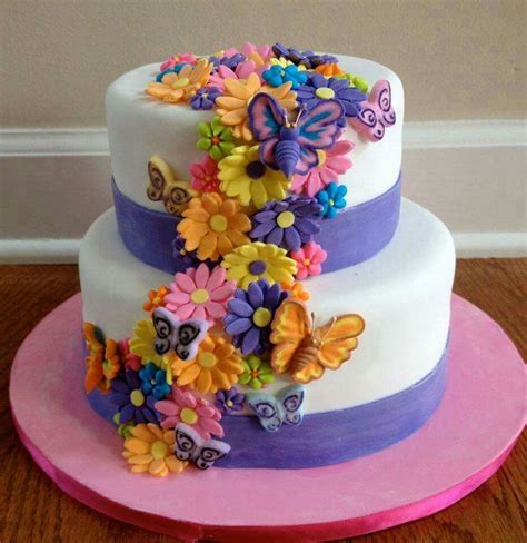 Colorful Floral Birthday Cake with Butterflies