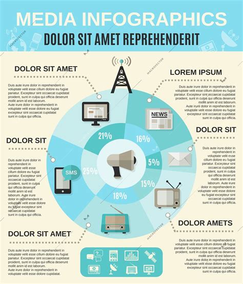 Mass media infographics set with news broadcasting symbols and pie chart vector illustration ...