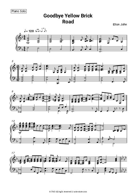 Goodbye Yellow Brick Road piano sheet music Elton John in Note-Store ...