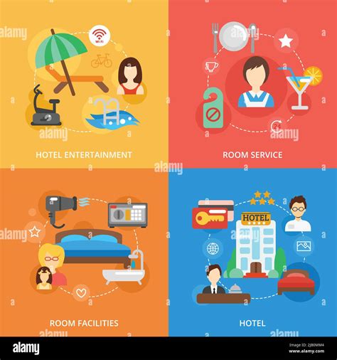 Hotel design concept set with entertainment room service facilities flat icons isolated vector ...