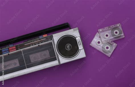 80s Retro outdated portable stereo radio cassette recorder and audio ...