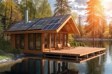 Premium AI Image | Solar panels on a log cabin with a lake view created ...