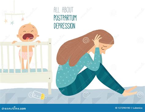 Depressed Young Woman With Cute Baby. Postpartum Depression. Postnatal Depression. Cartoon ...