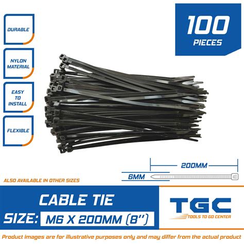 100PCS ( M6 X 200 mm) Black Nylon Cable Tie Zip Tie Cable Binder Plastic Fasten Organizer Wire ...