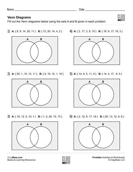 Venn diagrams – Use the numbers sets to fill in the Venn diagrams. For ...