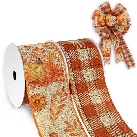 Fall Wired Ribbons 2 1/2” X 60 Feet,Pumpkin/Maple Leaf/Plaid Burlap Ribbons,Farmhouse Harvest ...