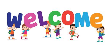 Happy group of kindergarten kids holding a welcome text vector illustration | Kindergarten kids ...