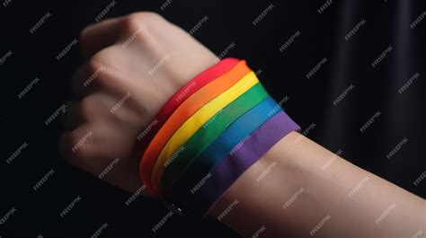 Premium Photo | Hand with gay pride LGBT rainbow wristband in a Pride ...