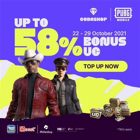 Get Up To 58% BONUS PUBG Mobile UC With Codashop | October 2021