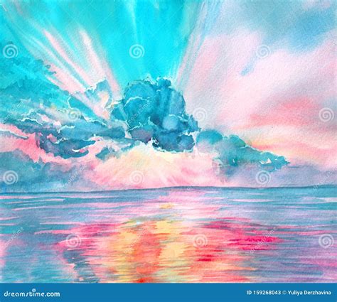 Watercolor Seascape, Beautiful Sunrise, Sunset. Stock Image - Image of ocean, blue: 159268043