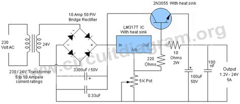 LM317 5A Variable Or Adjustable Power Supply | Circuit Diagram