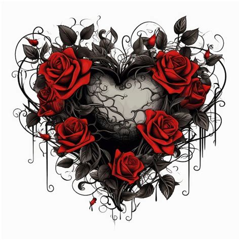 Premium AI Image | gothic vector art black heart with red roses dark vibe on white background