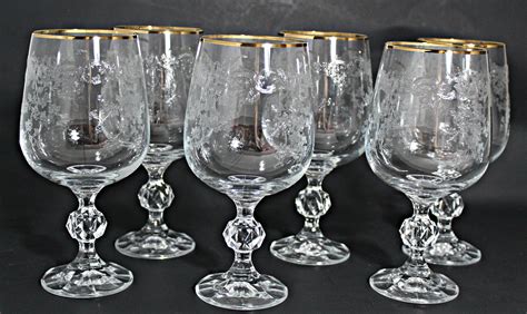 Vintage Bohemia Crystal Etched Wine Glasses With Gold Rim Set of 6 Near Mint Condition 6.75'' 10 ...