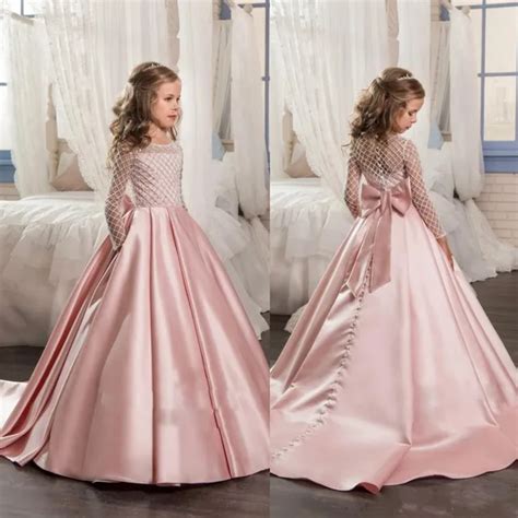 Christmas Fancy Flower Girl Dress Floor Length Button Draped Pink Long ...