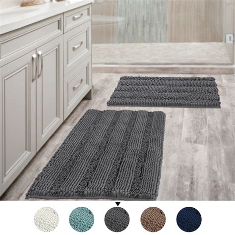 Grey Bath Mat Ultra Thick and Soft Texture Chenille Plush Striped Floor Mats Hand Tufted Bath ...