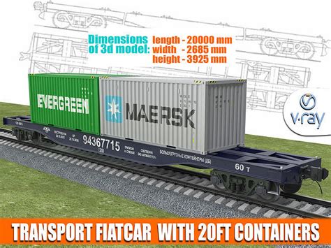 Train wagon flatcar with 20ft containers 3D model | CGTrader