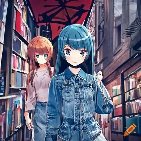 Anime girls in denim outfits in a crowded shopping street