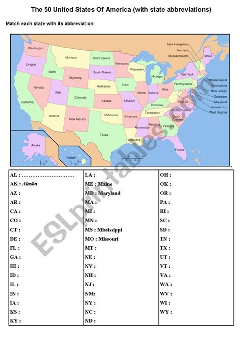 The 50 United States Of America with state abbreviation - ESL worksheet ...