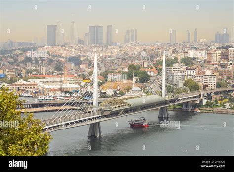 Aerial view of Golden Horn Metro Bridge, or Halic Metro Koprusu, before sunset, Istanbul, Turkey ...