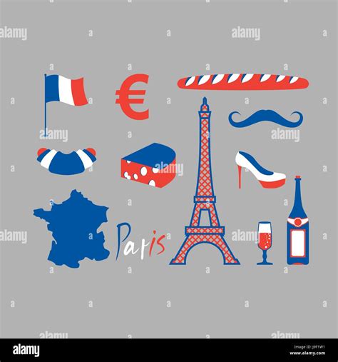 Paris icons set. Traditional French national symbols. Eiffel Tower and croissant. French flag ...