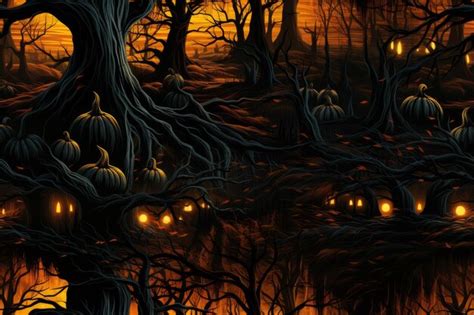 Premium AI Image | a halloween forest with pumpkins and trees