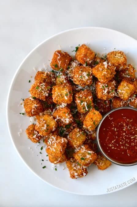 Eggplant Parmesan Bites with Marinara Dipping Sauce - Just a Taste