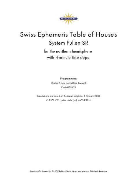 Swiss Ephemeris Table of Houses System Pullen SR For The Northern ...