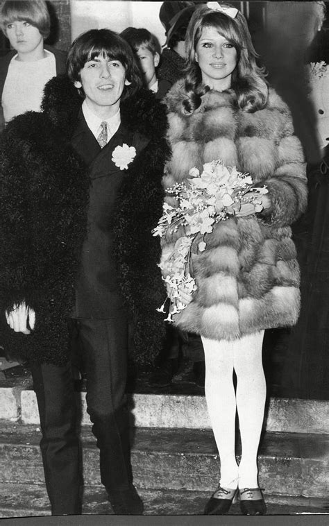 Patti Boyd marries George Harrison 1966. Patti wore a red fox-fur coat by Mary Quant over a ...