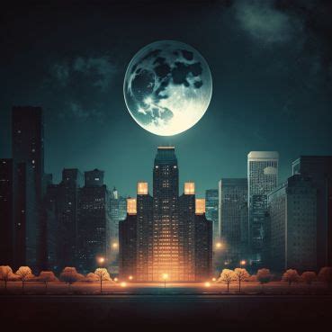 an image of a city at night with the moon in the sky