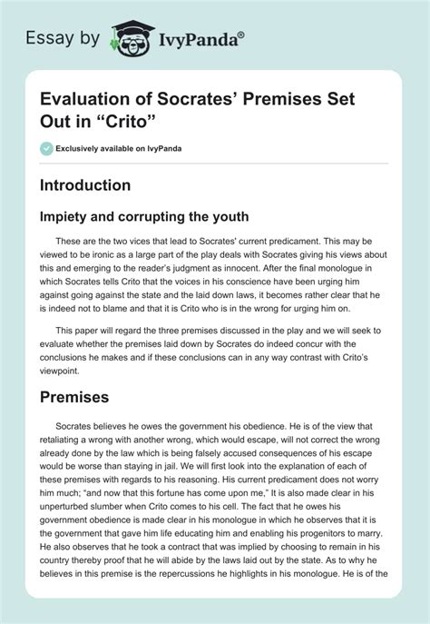 Evaluation of Socrates' Premises Set Out in "Crito" - 1007 Words ...