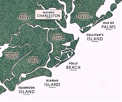 Map of Charleston's Five Beaches: Isle of Palms, Sullivan's Island, Folly Beach, Kiawah Island ...