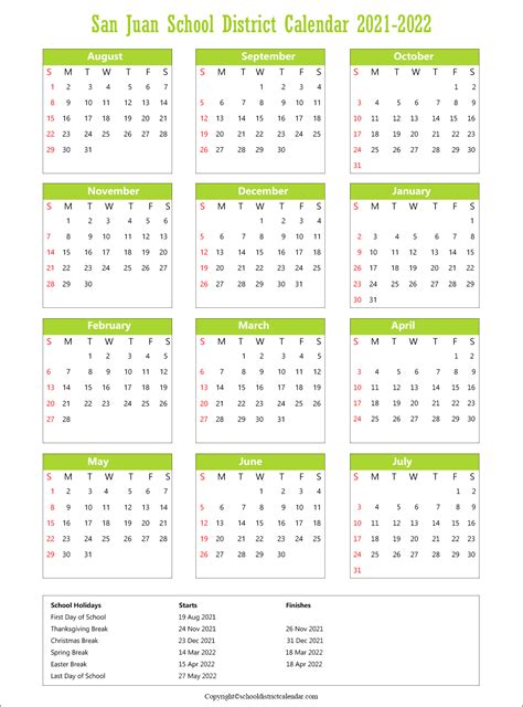 San Juan Unified School District Calendar Holidays 2021-2022