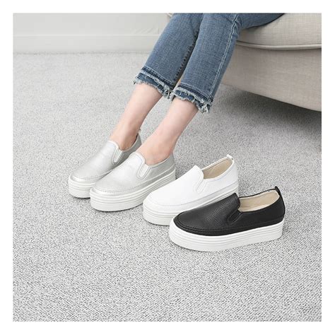 Women's Thick Platform Side Wrinkle Slip On White Loafer Sneakers﻿﻿