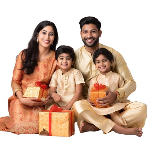 Smart Indian Family Of Four In Ethnic Wear Holding Diwali Gifts While Sitting On Sofa, Indoor ...