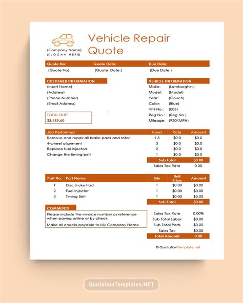 Vehicle Repair Quote Template - BRN - 220915 – Quote Templates